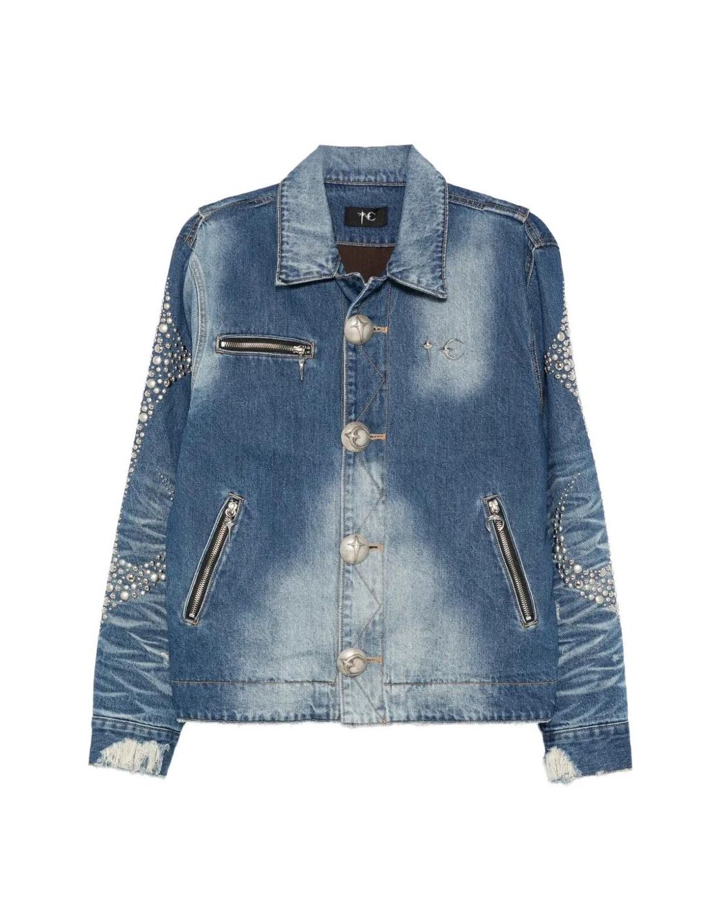 THUG CLUB Blue Studded Faded Denim Jacket for men