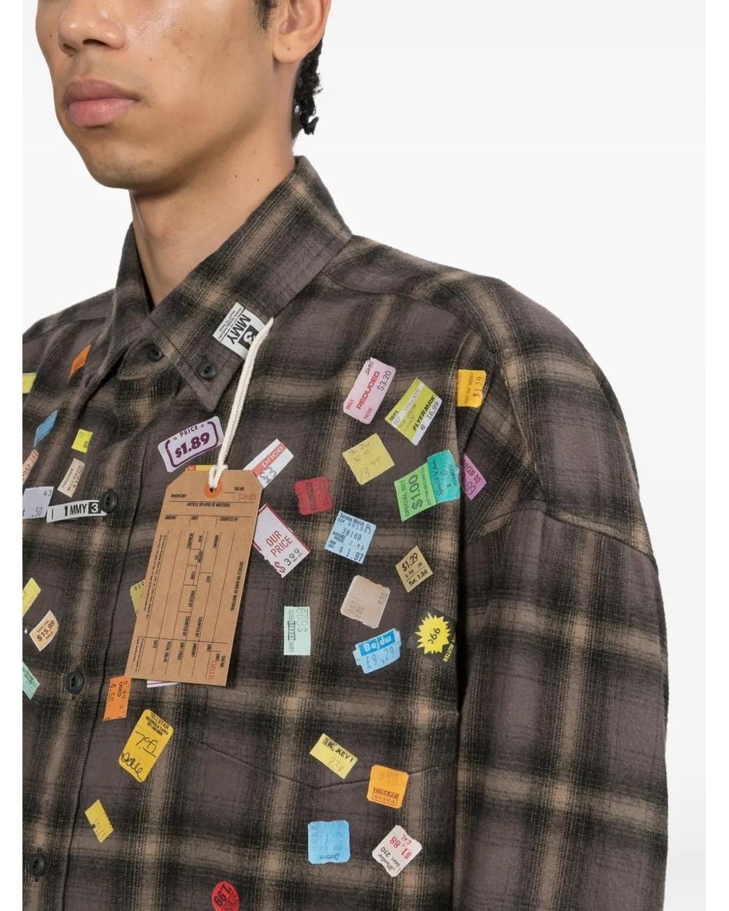 Maison Mihara Yasuhiro Black Price-Sticker Printed Check Shirt for men