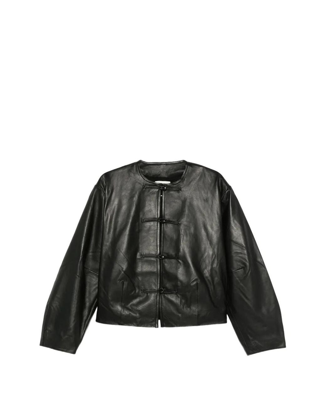 St. Agni Black Button-Detail Cocoon Leather Jacket