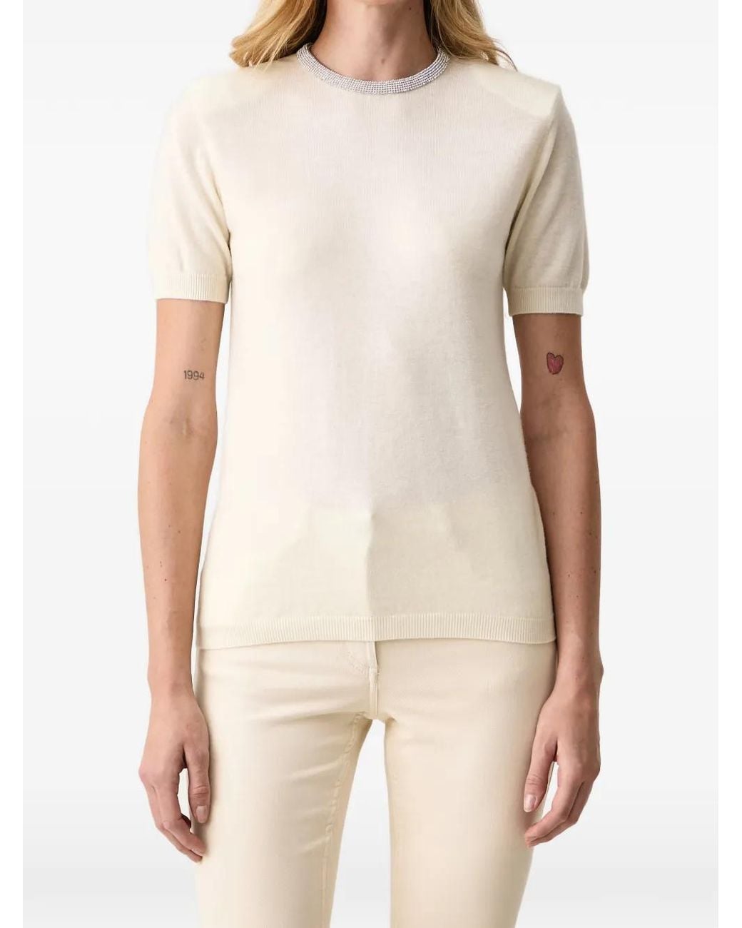 Silvian Heach Natural Crystal-Embellished Short-Sleeve T-Shirt