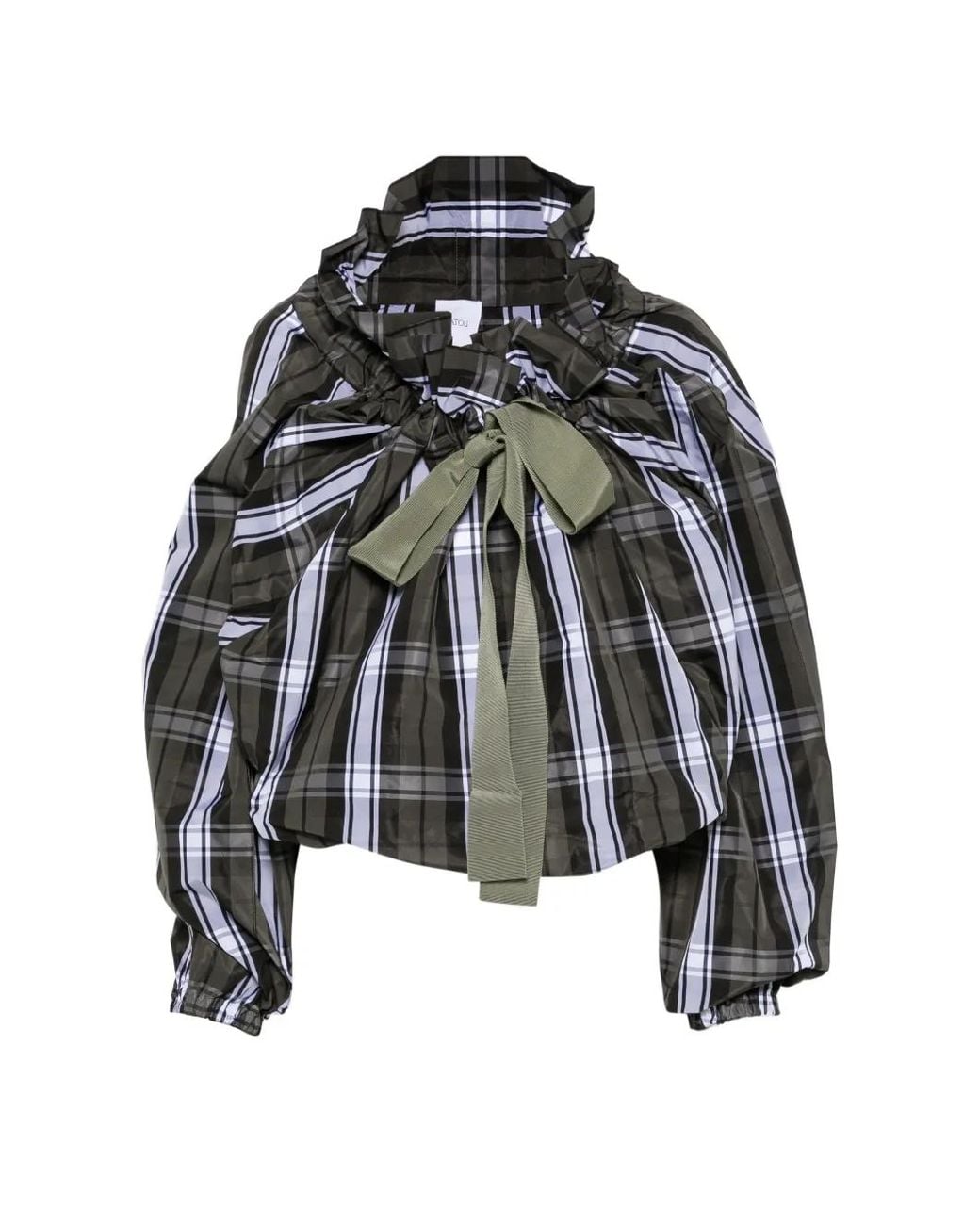 Patou Black Scoop-Neck Check Ruffled Blouse