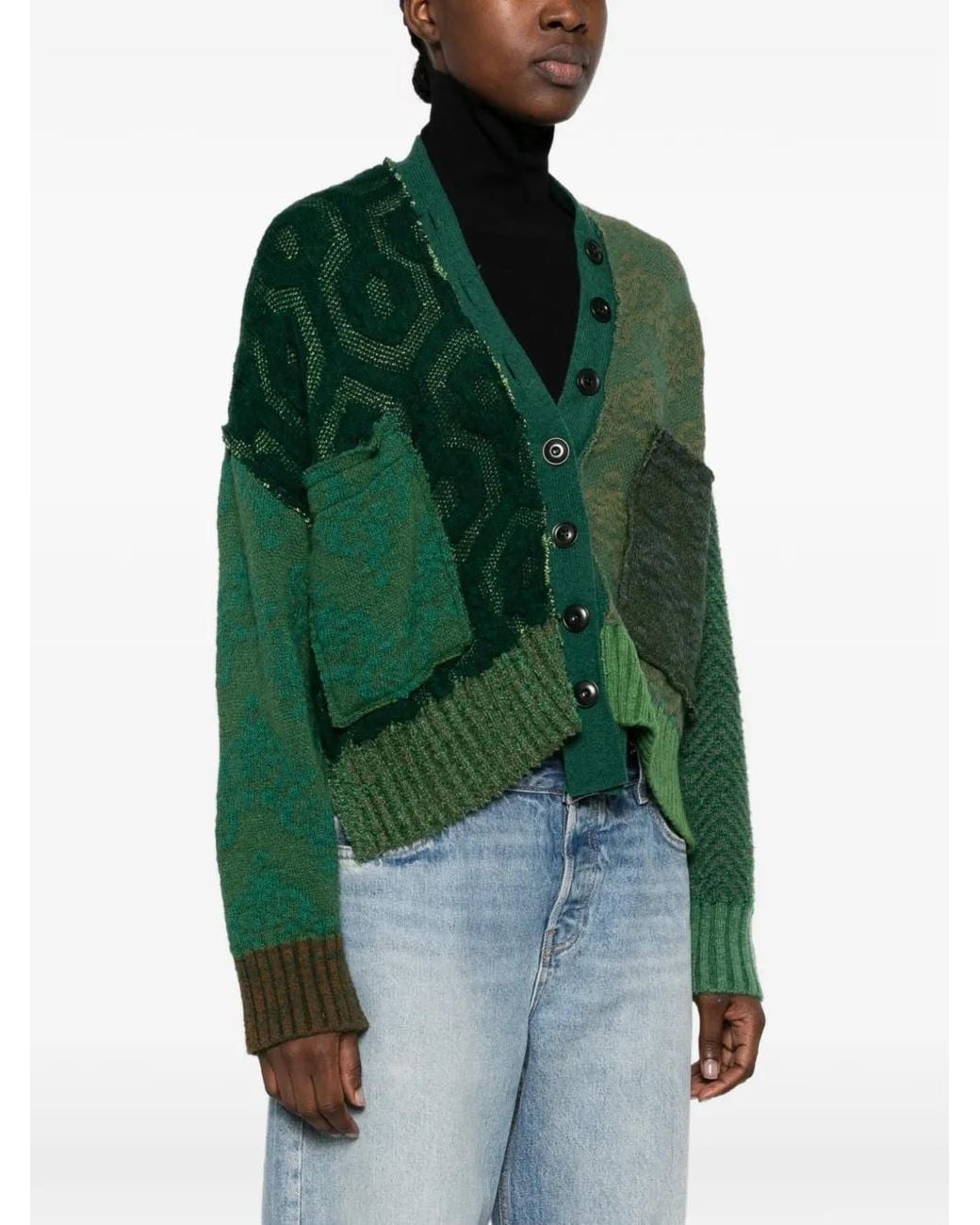 ESSENSI Green Iris Patchwork V-Neck Cardigan