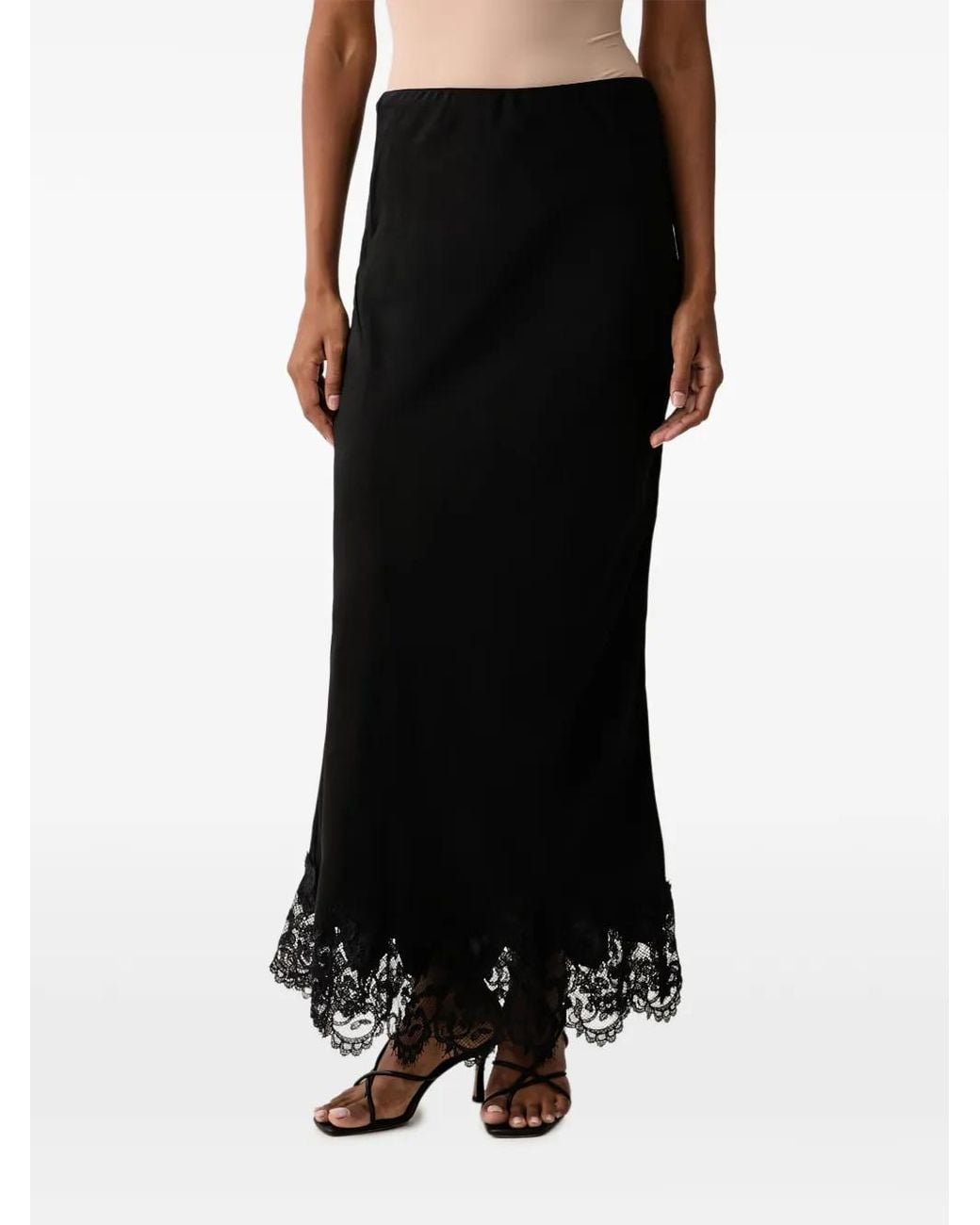 Bardot Black Elisan Lace-Trim Satin-Finish Maxi Skirt