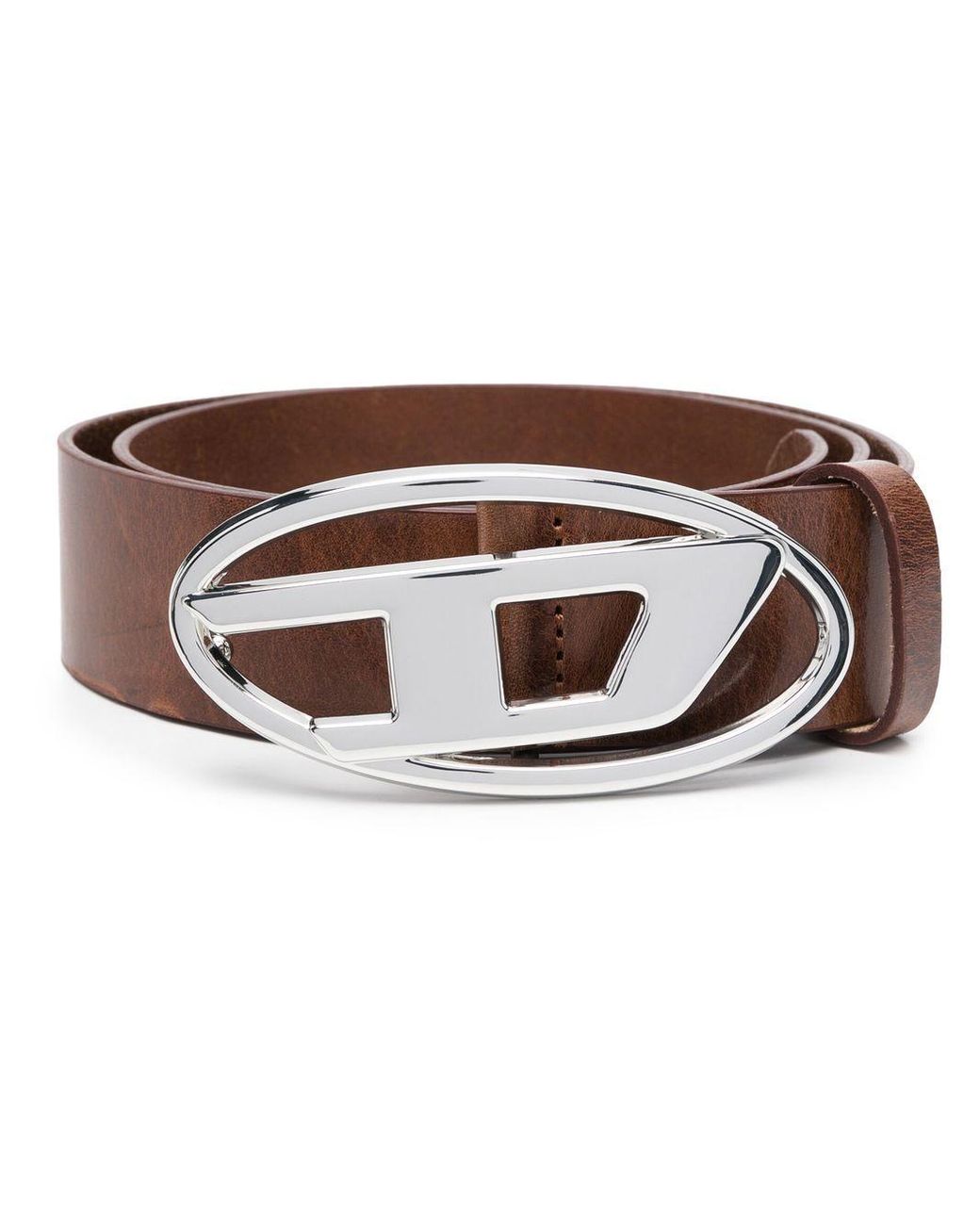 DIESEL Leather Logobuckle Belt in Brown Lyst