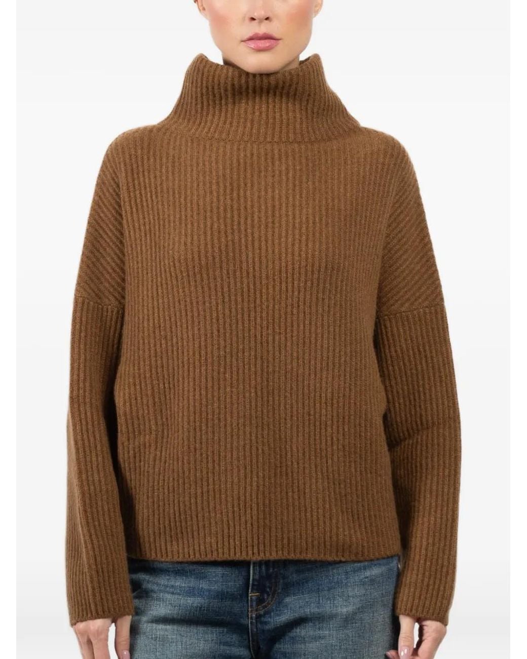 Dusan Brown Batwing Roll-Neck Ribbed Sweater