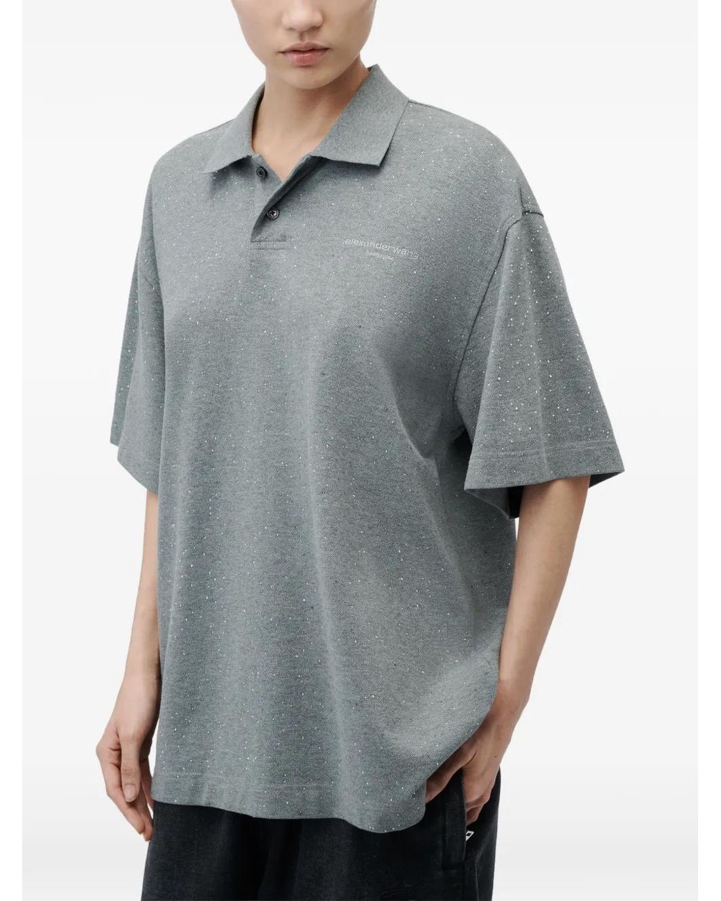 Alexander Wang Gray Crystal-Hotfix Short-Sleeve Polo