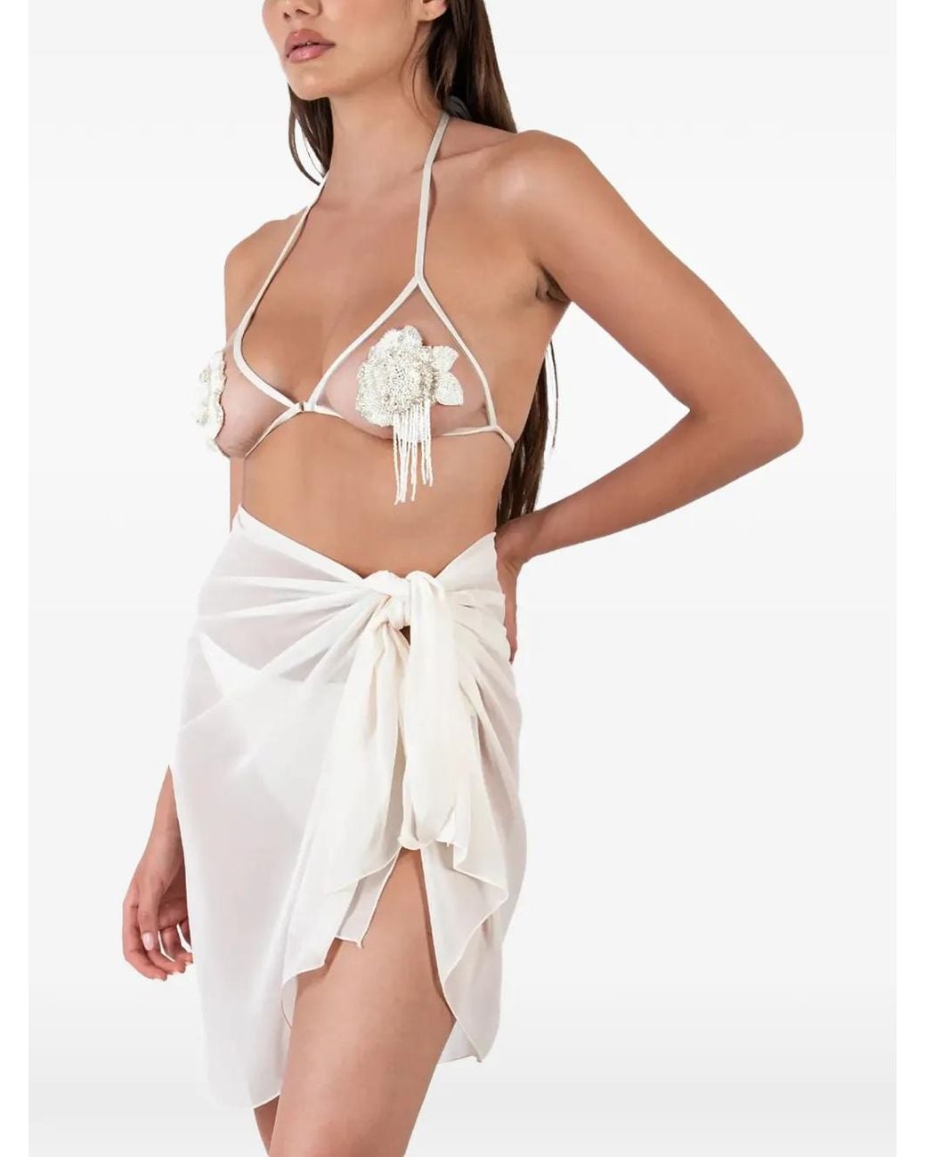 Mazzei Natural Beaded-Flower Bikini And Sarong Set (Set Of Three)
