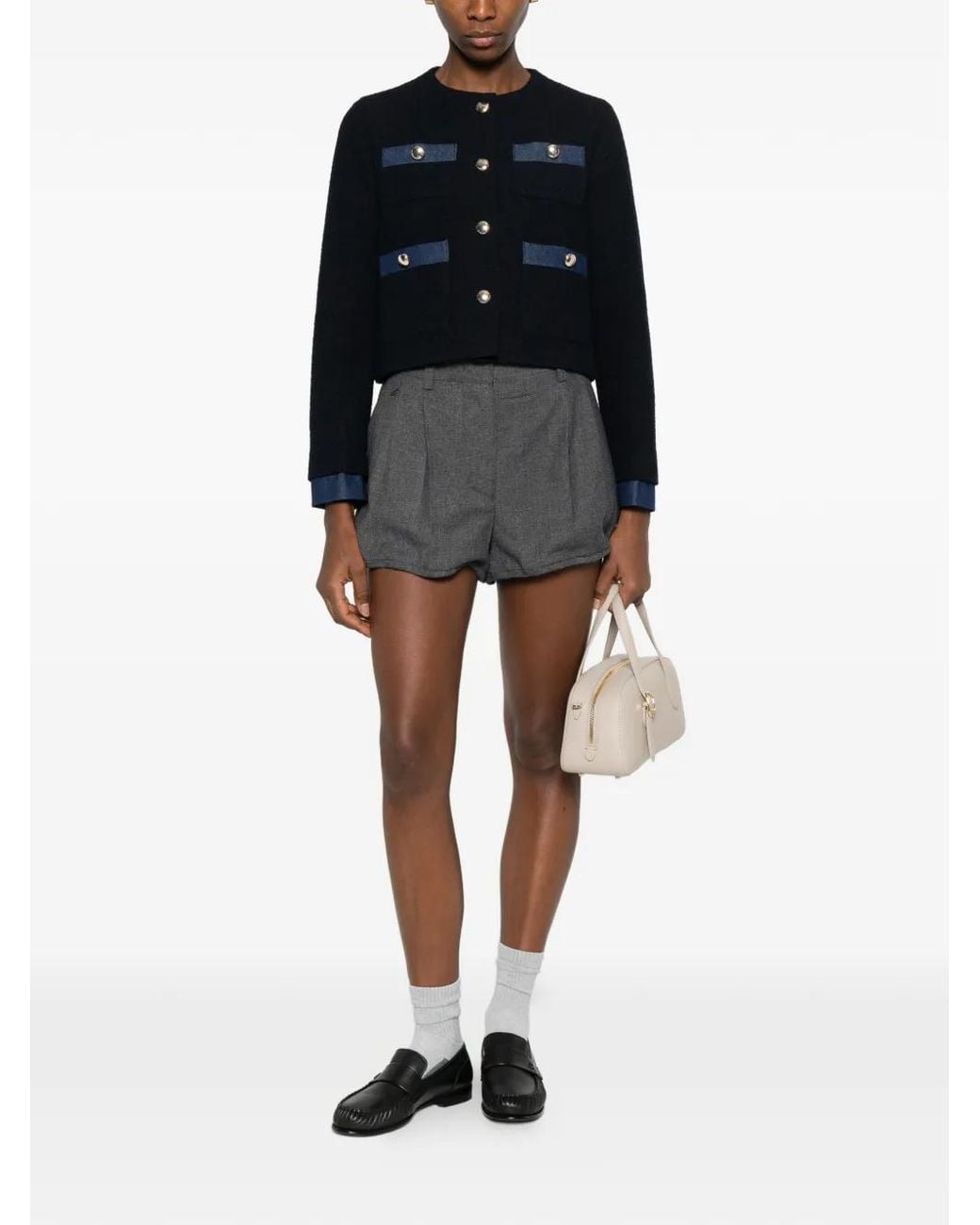 Maje Black Tweed Jacket With Denim Trim