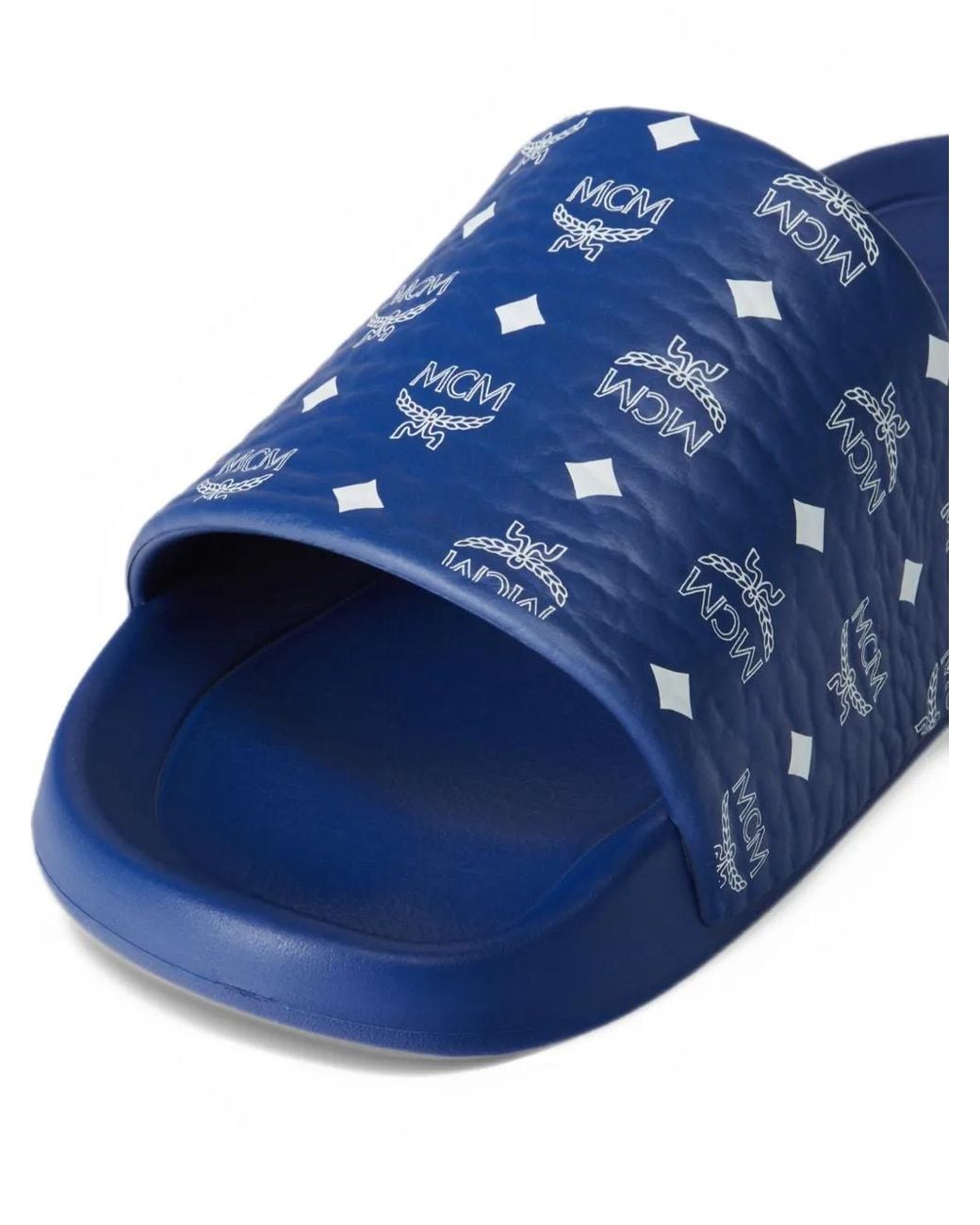 MCM Blue Monogram-Print Rubber Slides