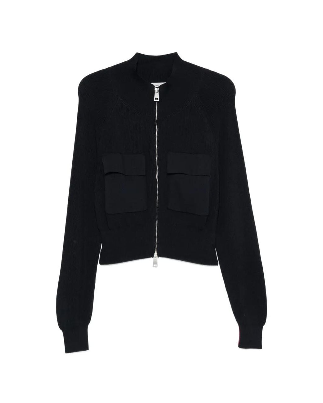 Liviana Conti Black Ribbed-Knit Flap-Pocket Cardigan