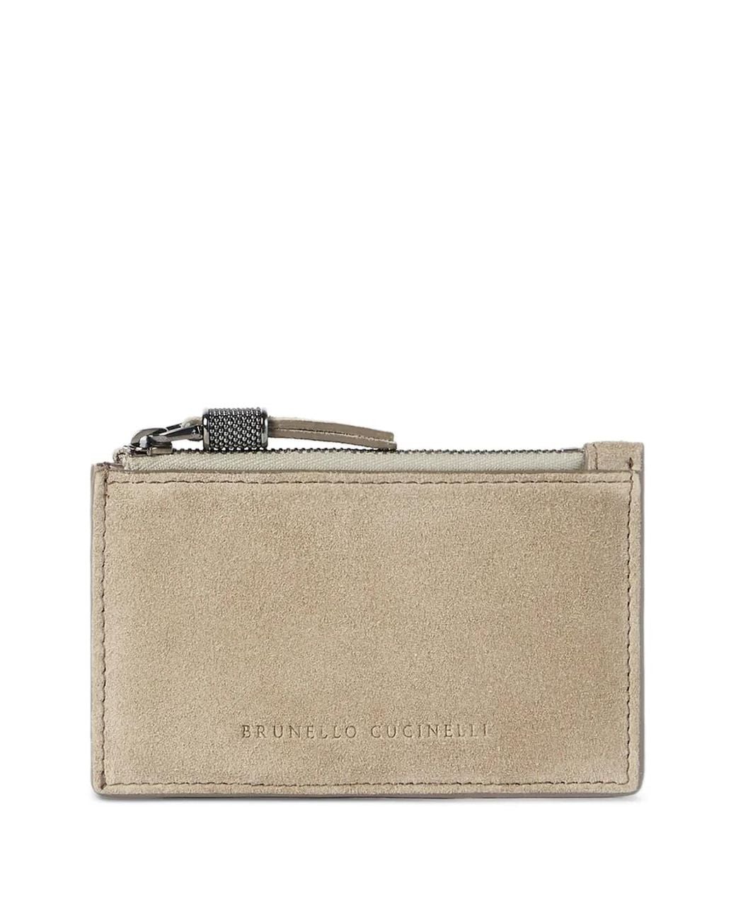 Brunello Cucinelli Natural Suede Card Case With Shiny Zipper Pull