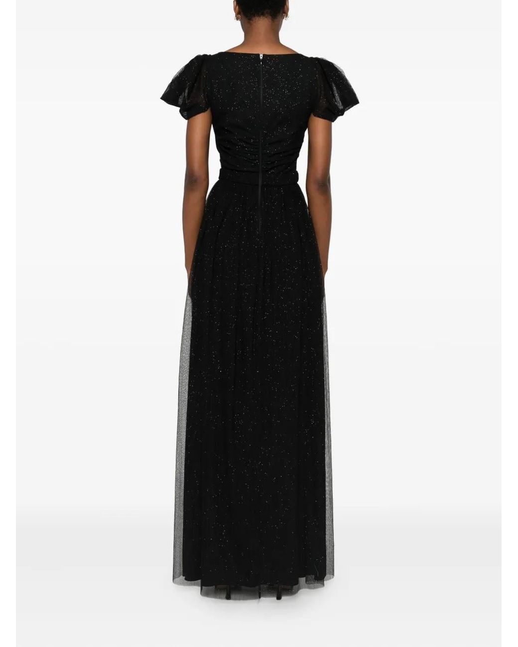 Nissa Black Pleated Glittered Tulle Maxi Dress