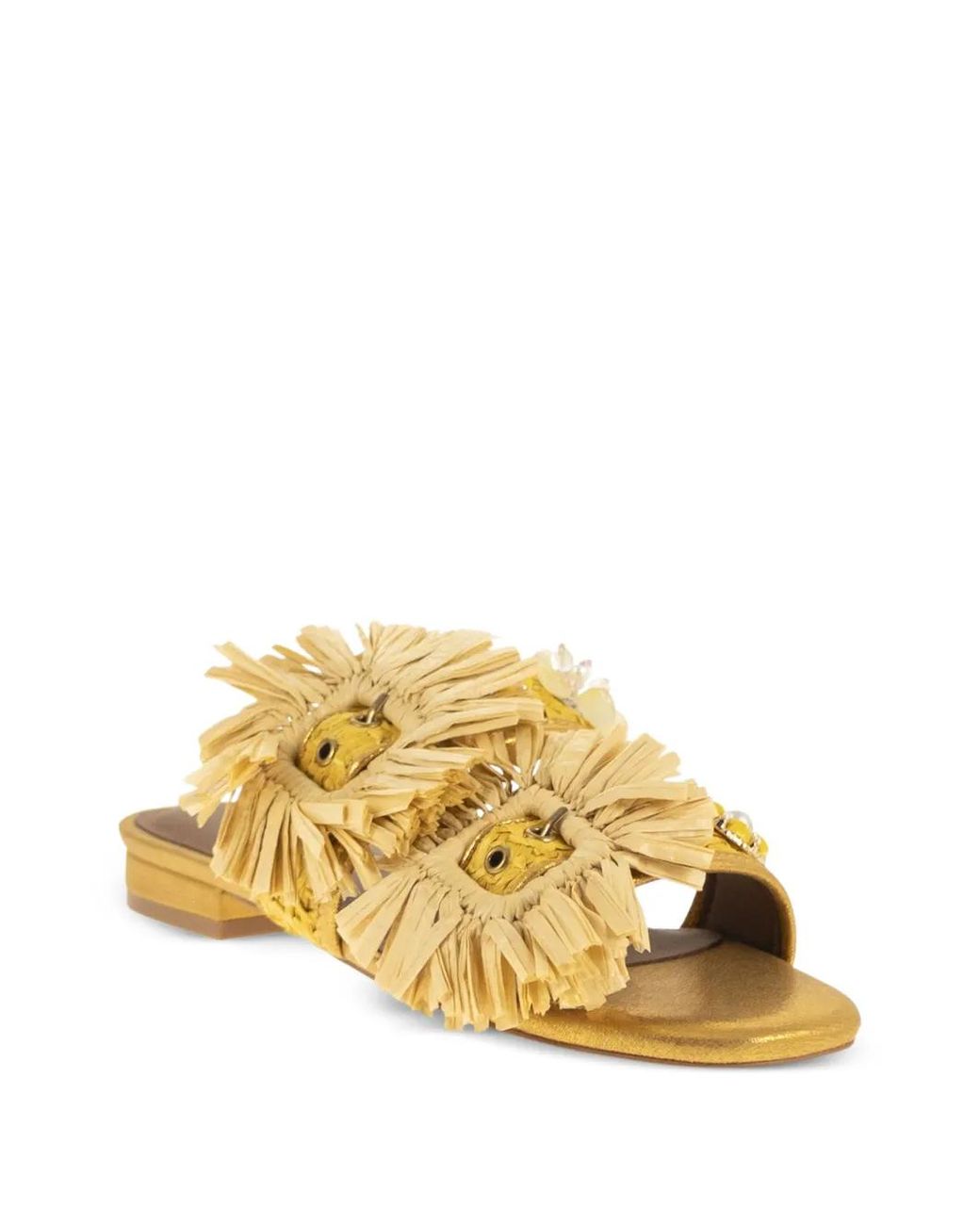 Kurt Geiger Metallic Raffia-Fringe Floral-Embellished Sandals