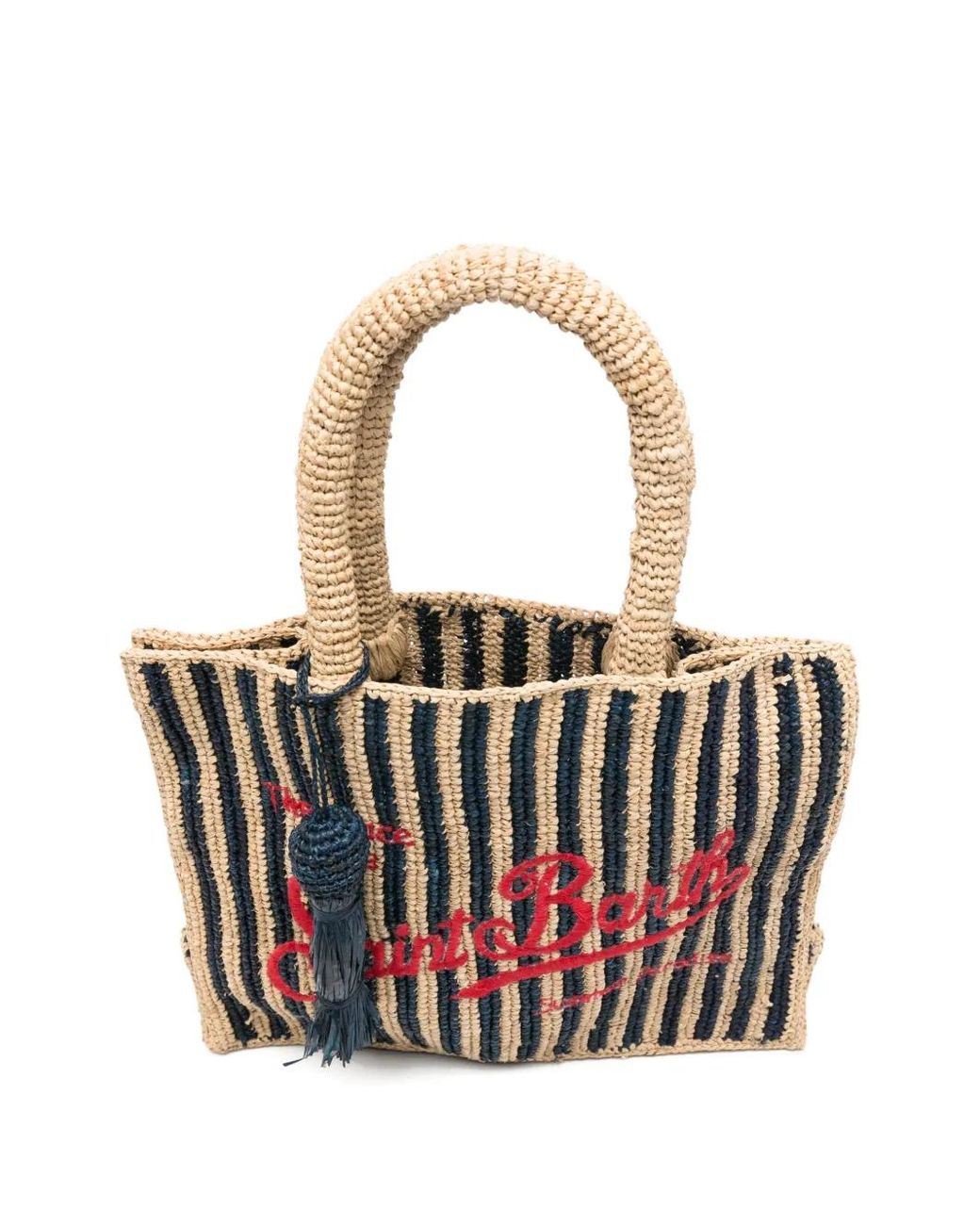 Mc2 Saint Barth White Colette Raffia Striped Bag With Embroidered Logo And Tassel