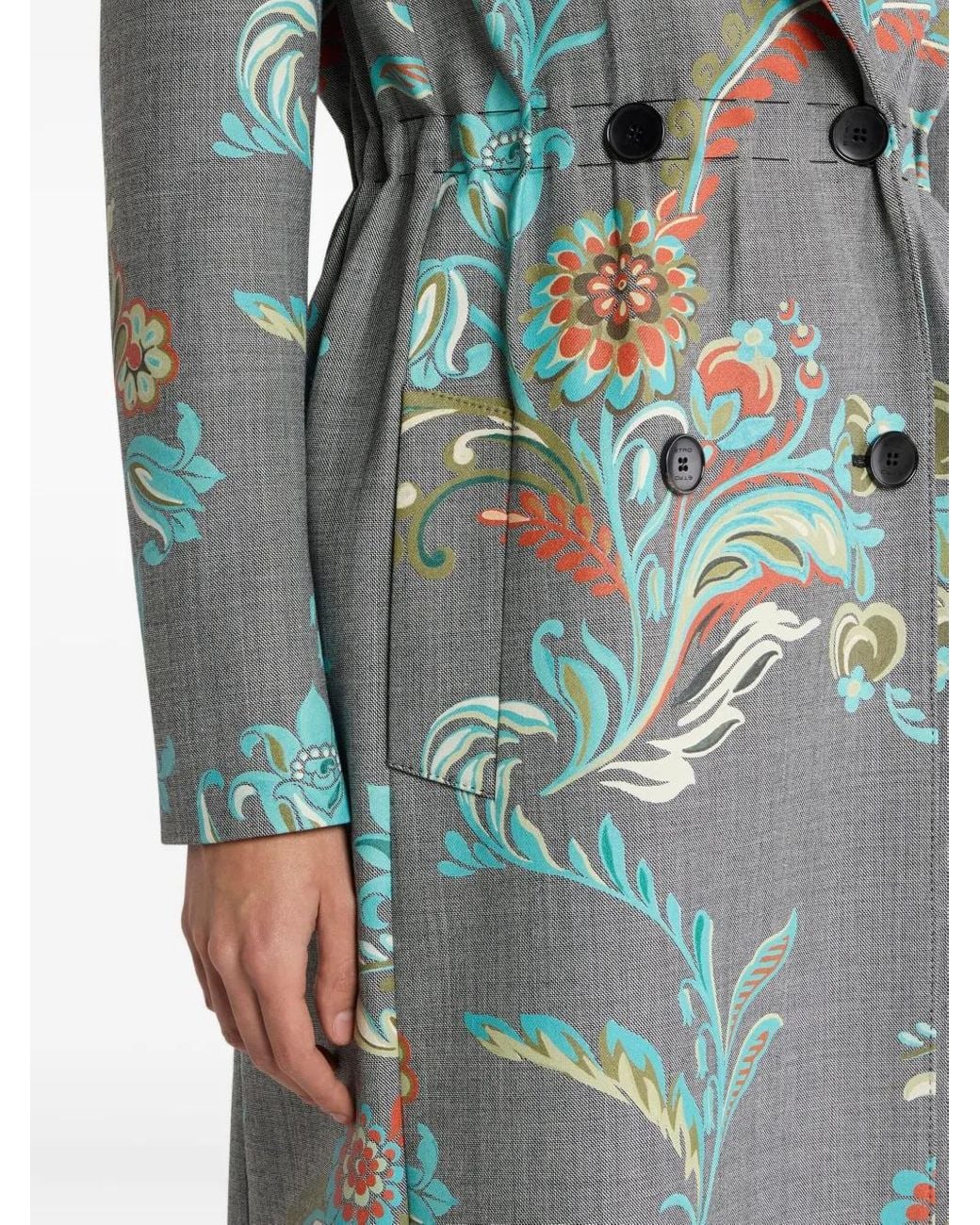 Etro Green Daffodil-Print Double-Breasted Coat