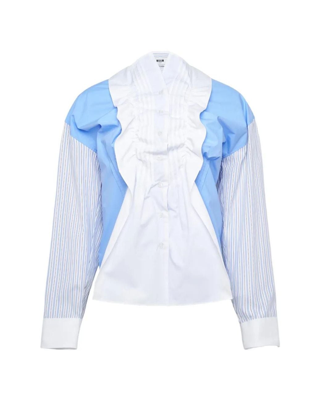 MSGM Blue Ruffle-Trimmed Patchwork Shirt