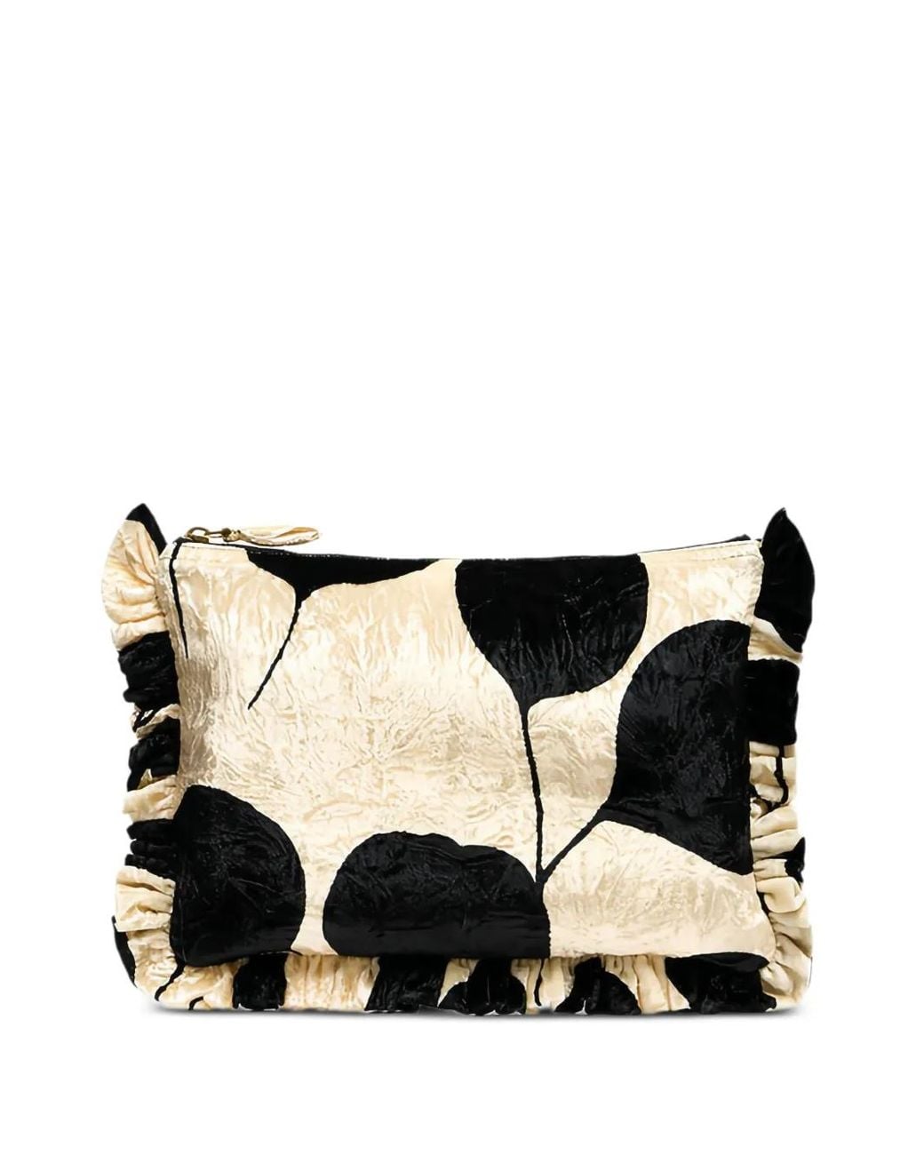 LaDoubleJ Black Floral-Print Ruffled Clutch Bag
