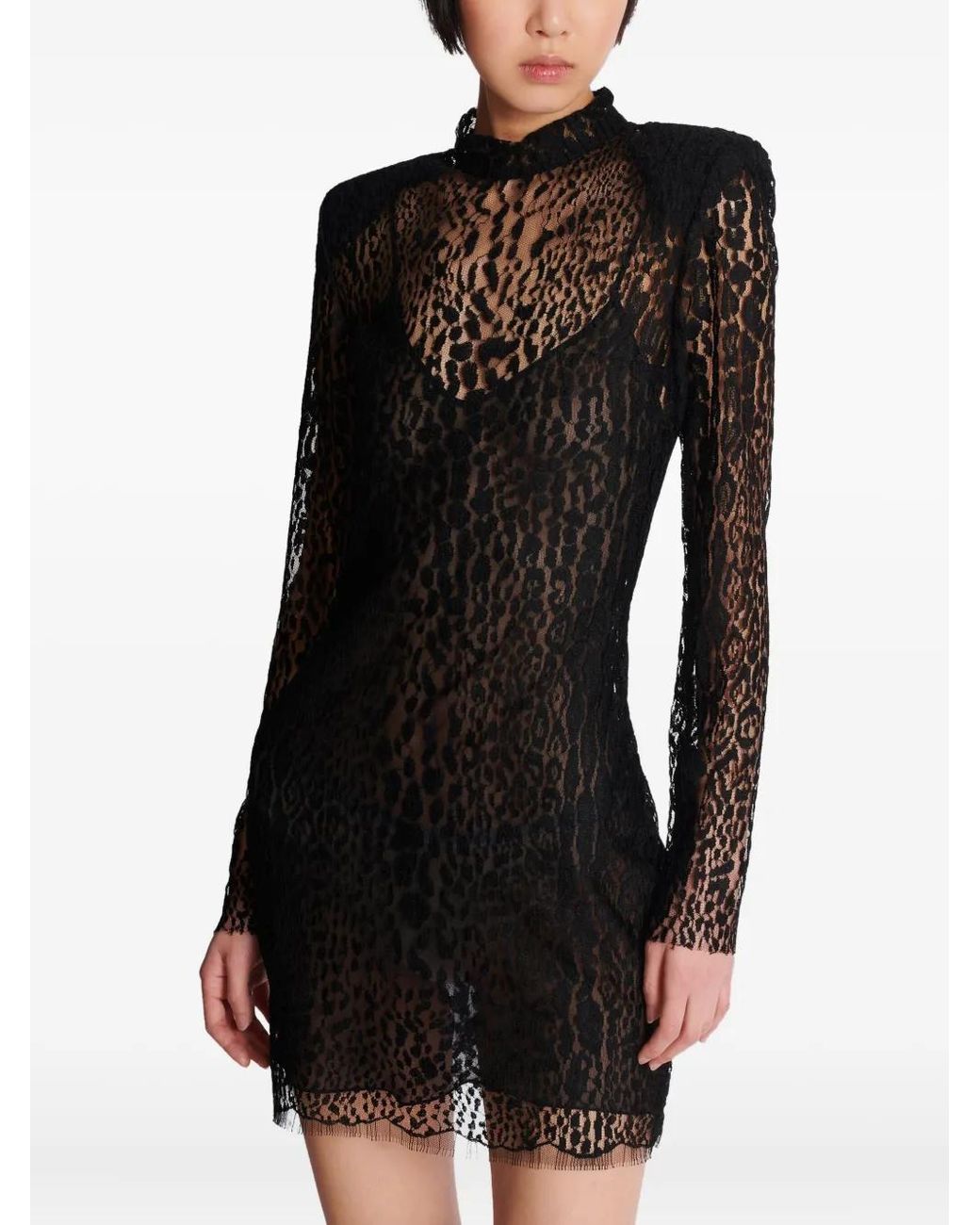 Balmain Black Leopard Pattern Lace Bodycon Dress