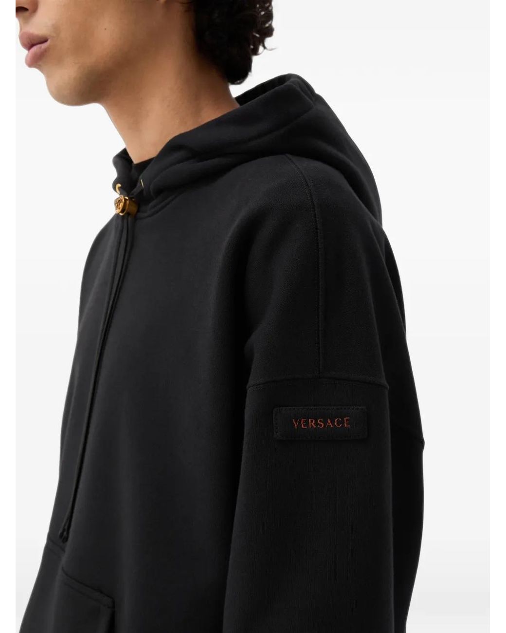 Versace Black Logo-Patch Drawstring Hoodie for men