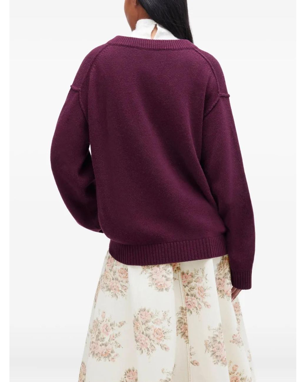 Ganni Purple V-Neck Logo-Detail Sweater