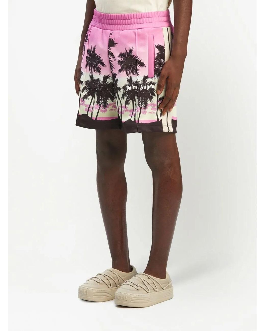 Palm Angels Pink Sunset-Print Striped Track Shorts for men