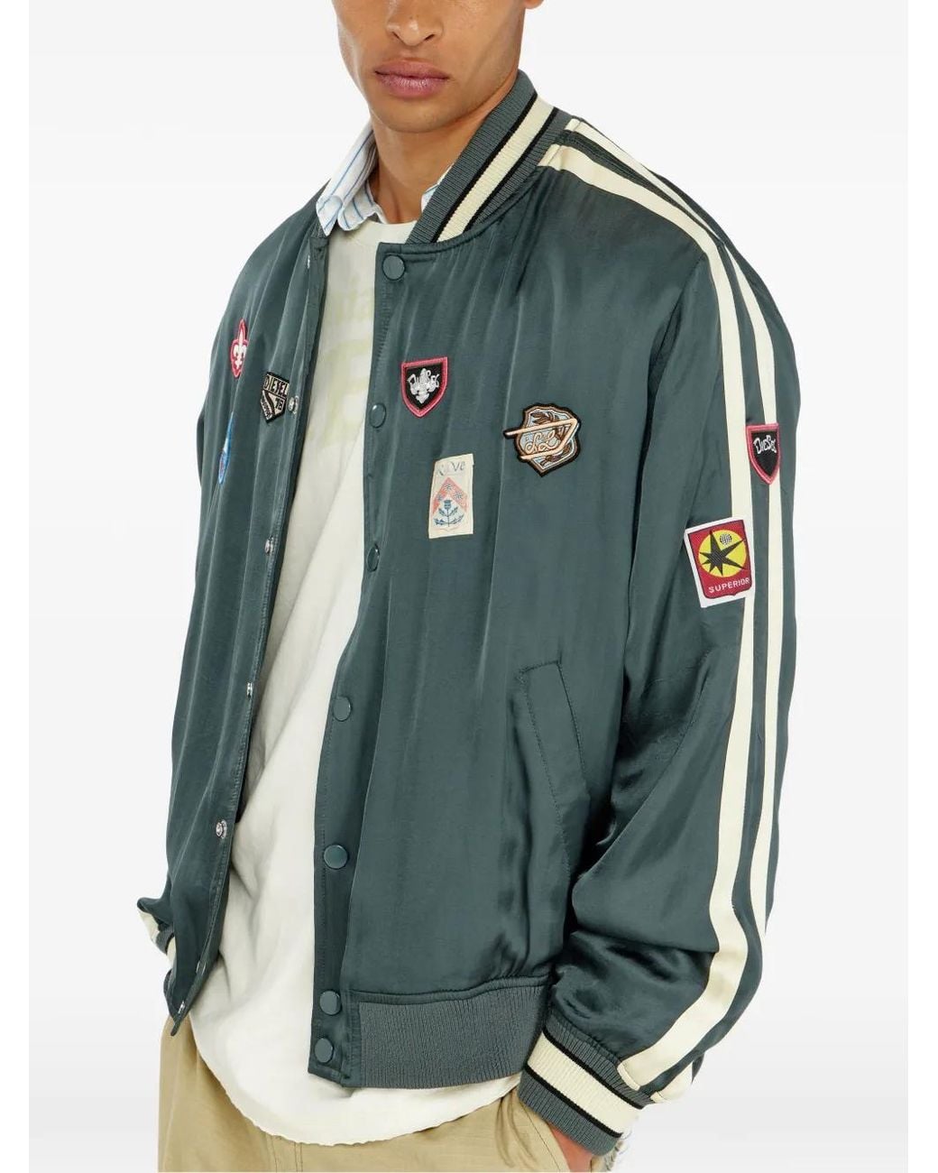 DIESEL Green Blouson Bomber En Satin À Patchs for men