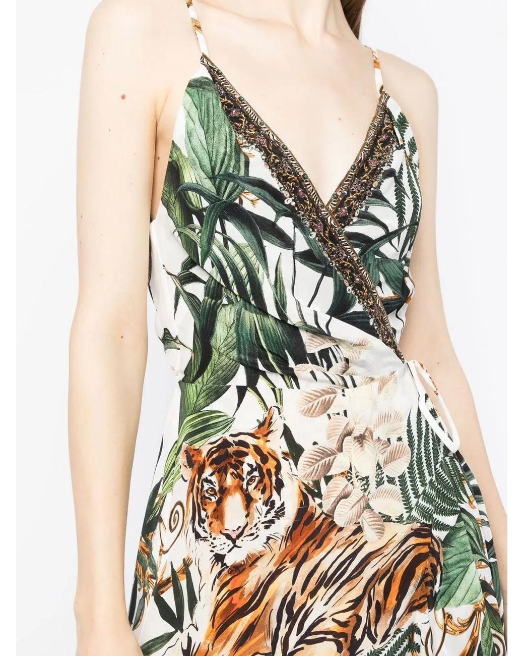 Camilla Metallic Draped Tiger-Paint Wrap Dress