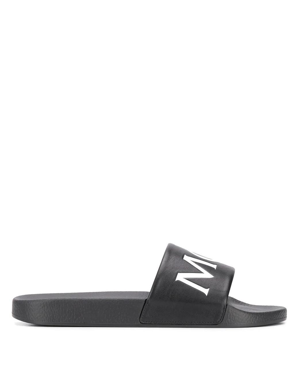 Moncler Black Leather Logo Slides for men