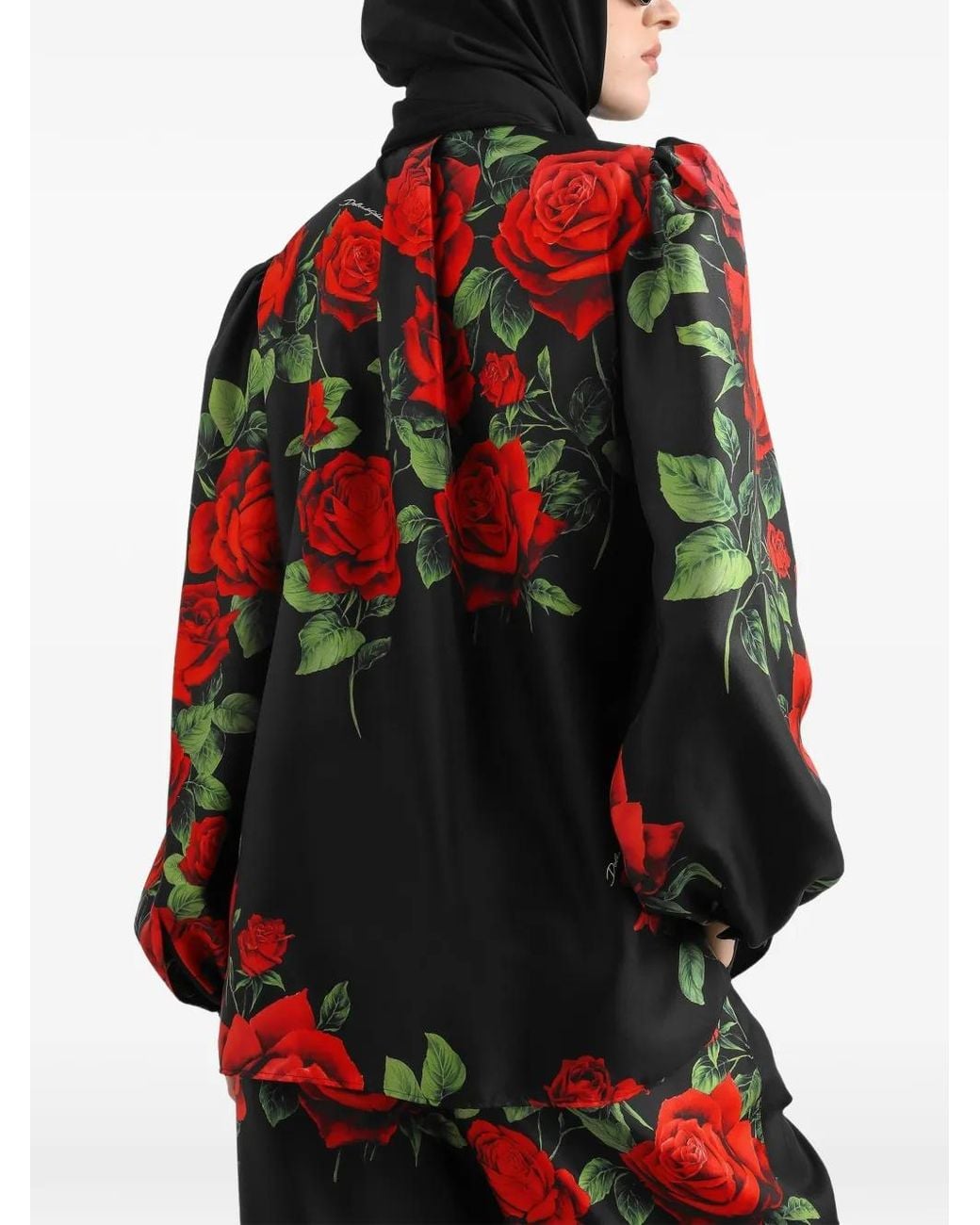 Dolce & Gabbana Red Rose-Print Silk Blouse