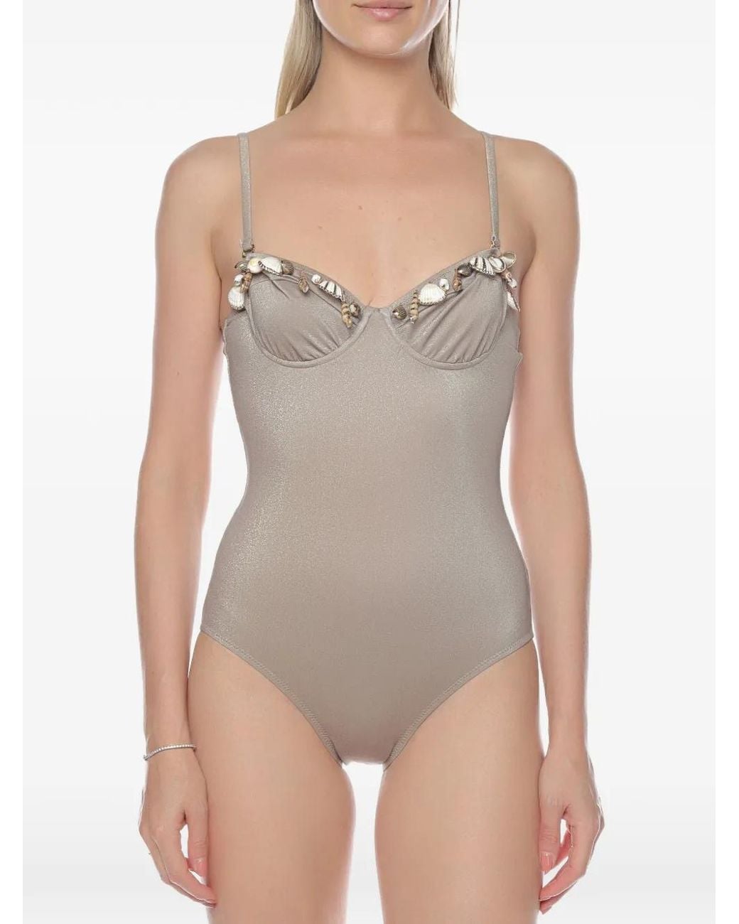 Gottex Gray Shell-Embellished Metallic Swimsuit