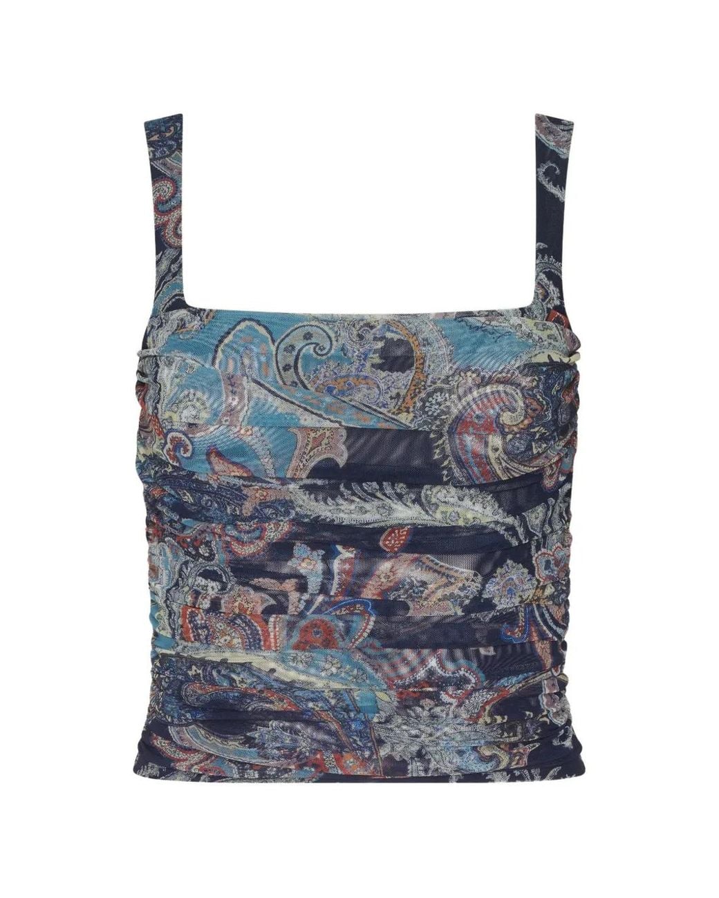 L'Agence Blue Rasha Shirred Paisley-Print Tank Top