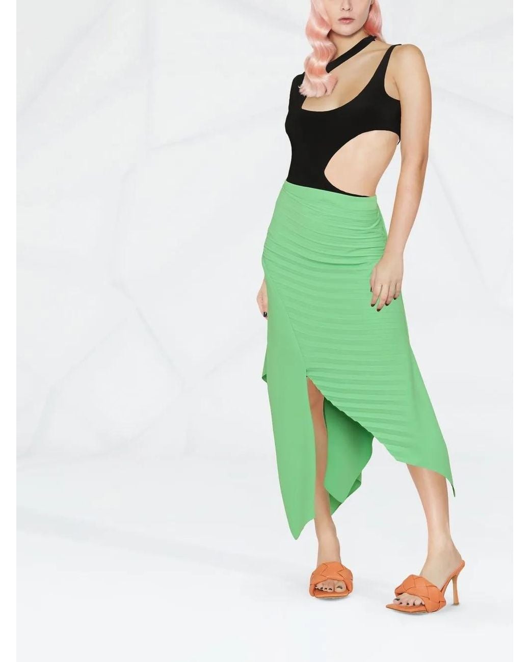 A.W.A.K.E. MODE Green Pleated Asymmetric Midi Skirt