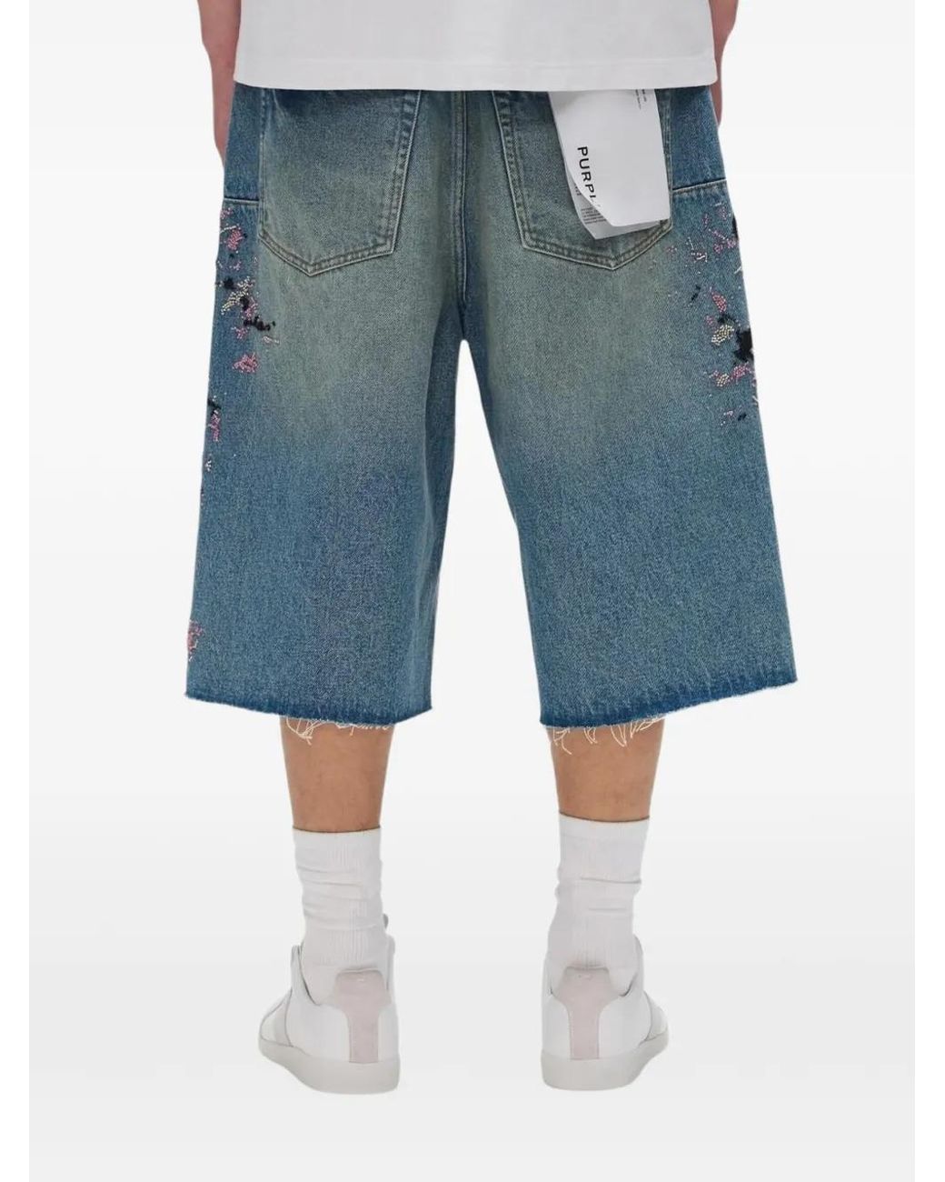 Purple Brand Blue Beaded Splatter Raw-Cut Shorts for men