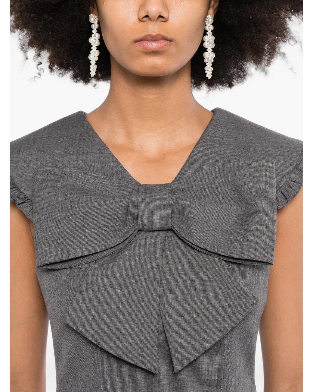 ShuShu/Tong Gray Bow-Detail Ruffled-Shoulder Dress