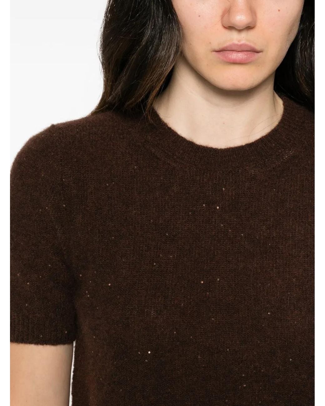 Roberto Collina Brown Sequin-Embellished Short-Sleeve Top