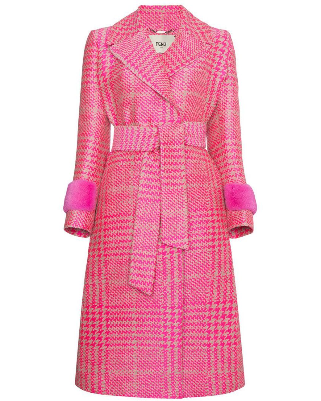 Fendi Houndstooth Double Breasted Coat With Mink Cuff in Pink | Lyst