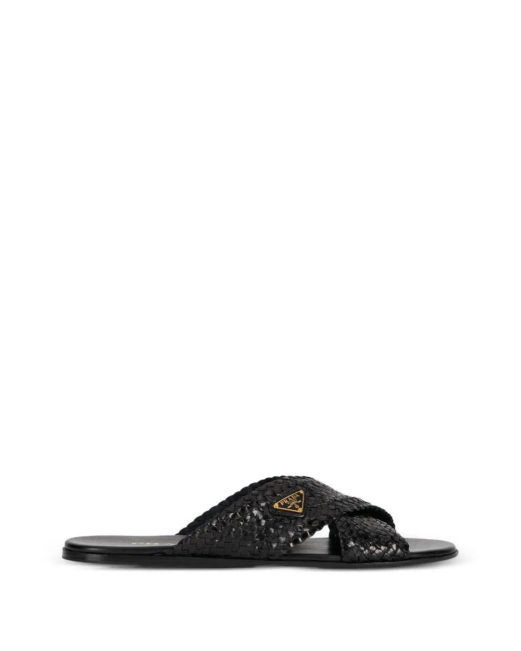 Prada Black Leather Crisscross Slides