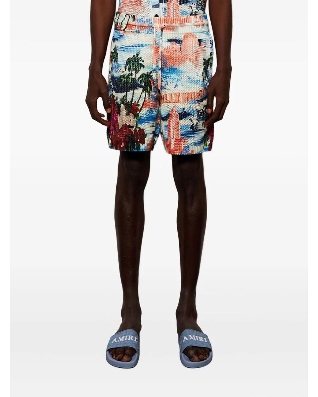 Amiri Blue Cityscape Printed Drawstring Shorts for men