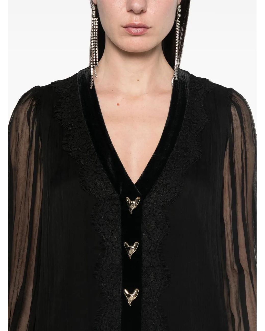 Nissa Black Lace-Panelling Silk Mini Dress