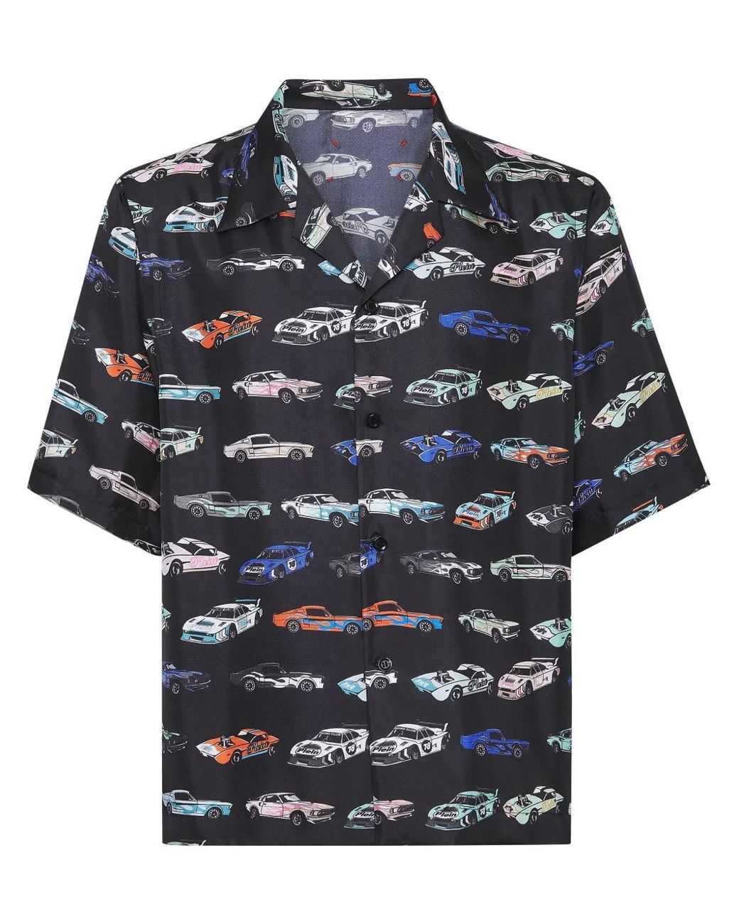 Philipp Plein Blue Silk Bowling Shirt Ss Cars Racing for men