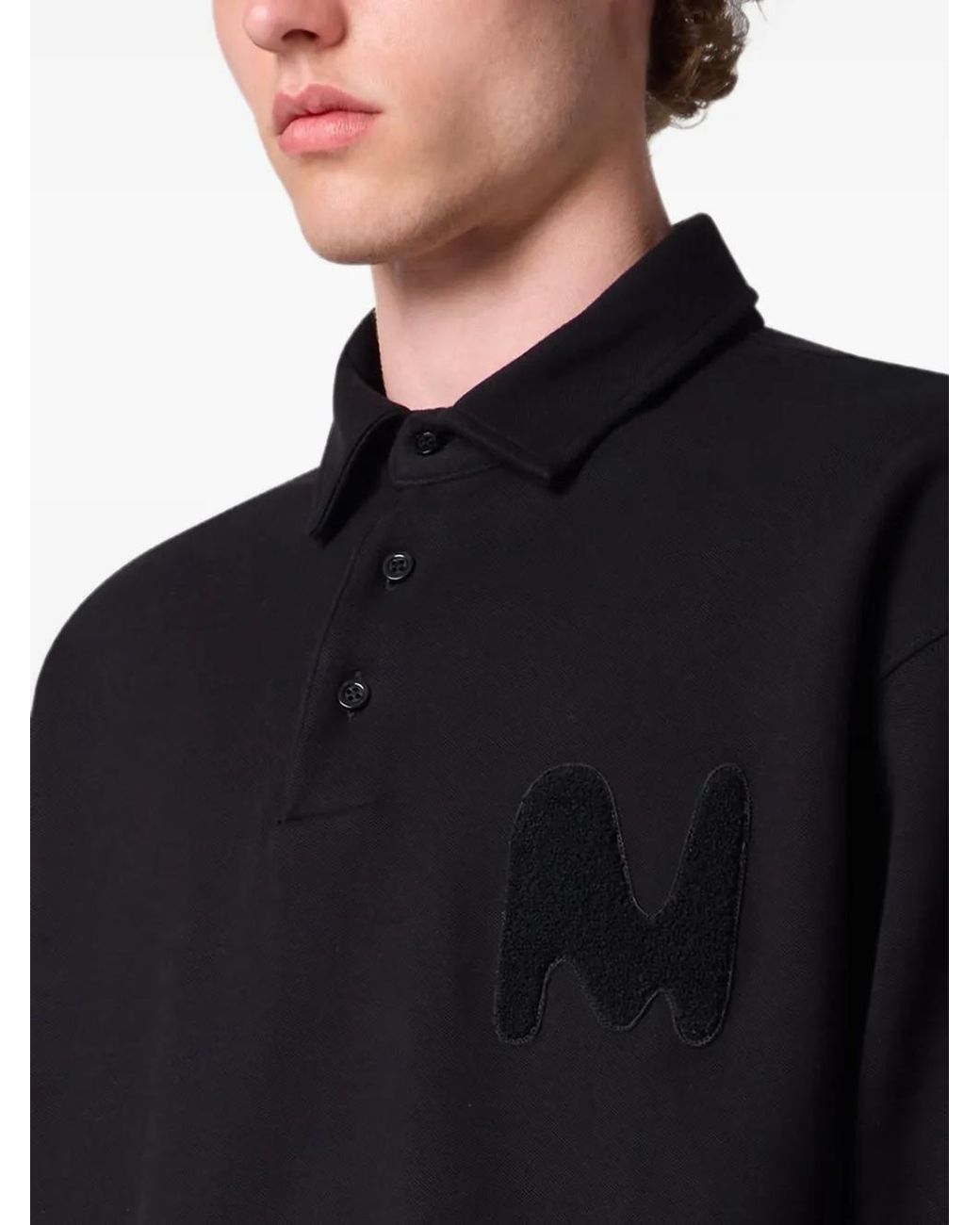 MSGM Black Logo-Patch Long-Sleeve Polo Shirt for men