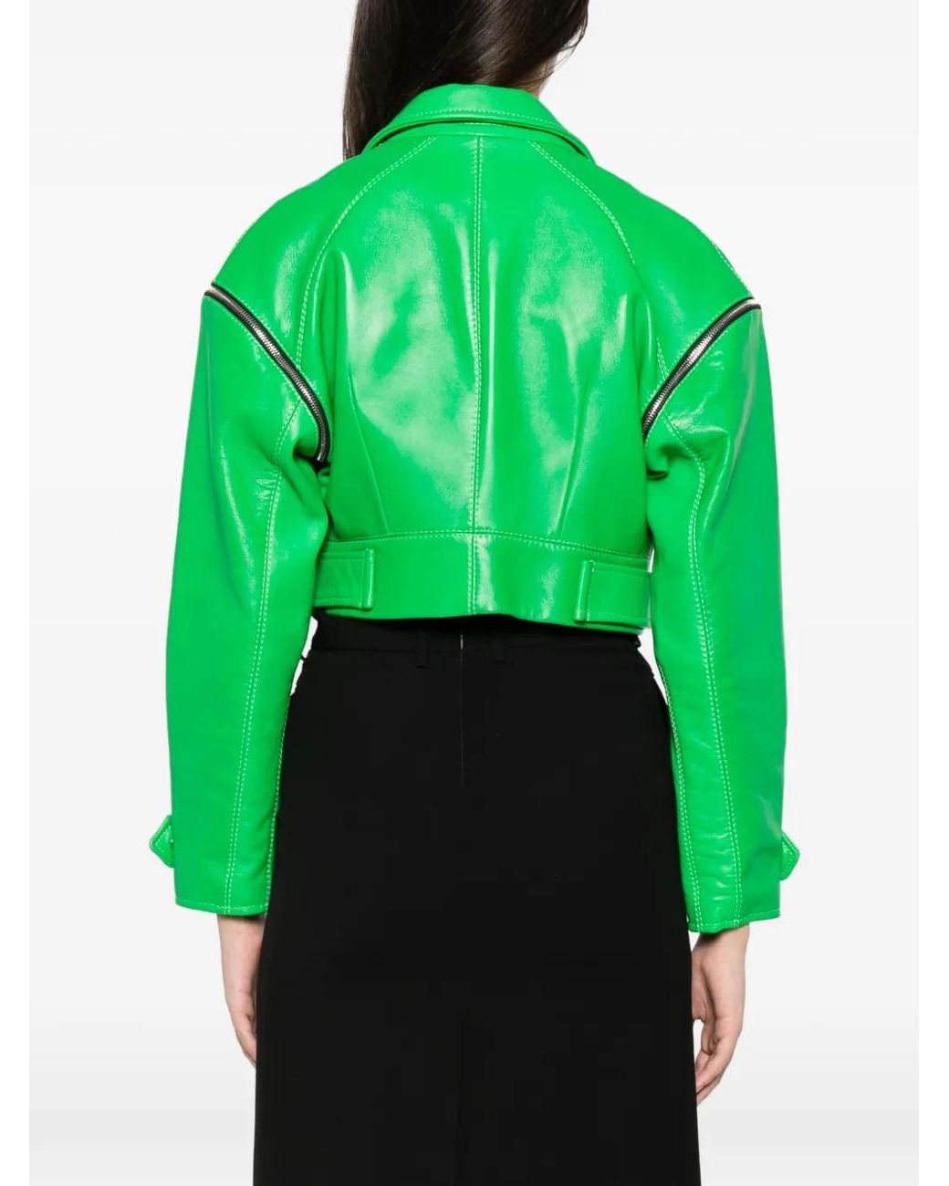 MITILIANE COUTURE Green Detachable-Sleeve Leather Jacket