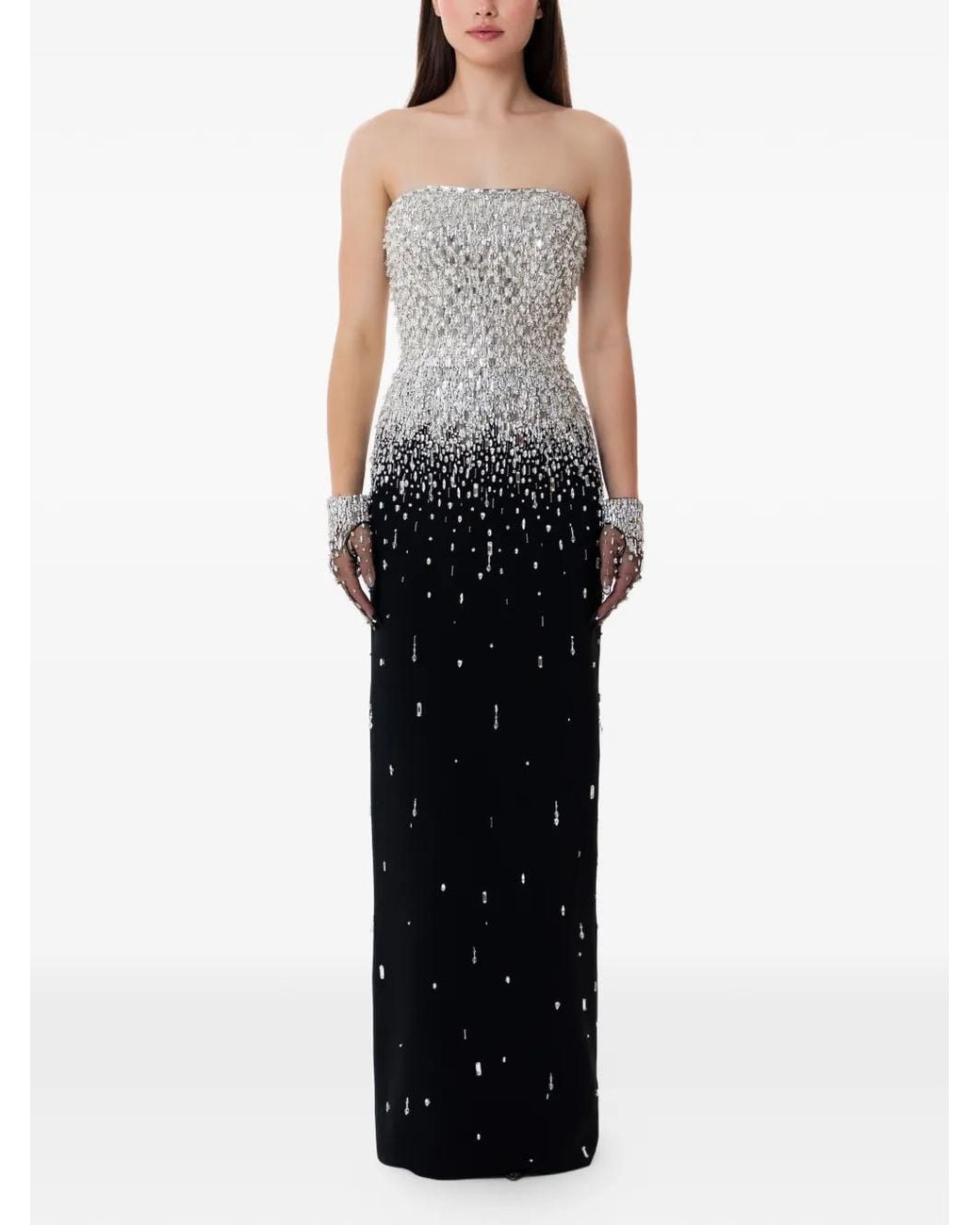 Dina Melwani Black Strapless Crystal Maxi Gown