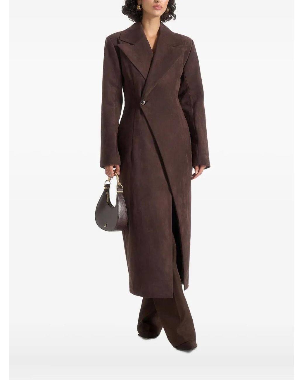 Manière De Voir Brown Esma Asymmetric-Fastening Suede-Effect Belted Coat