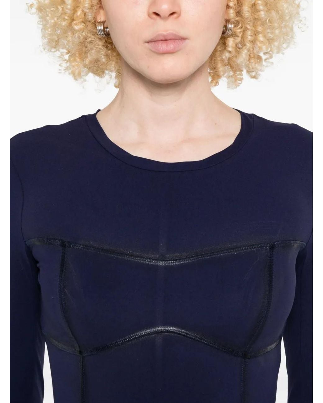 Patrizia Pepe Blue Long-Sleeved Leather-Trimmed Sheath Dress