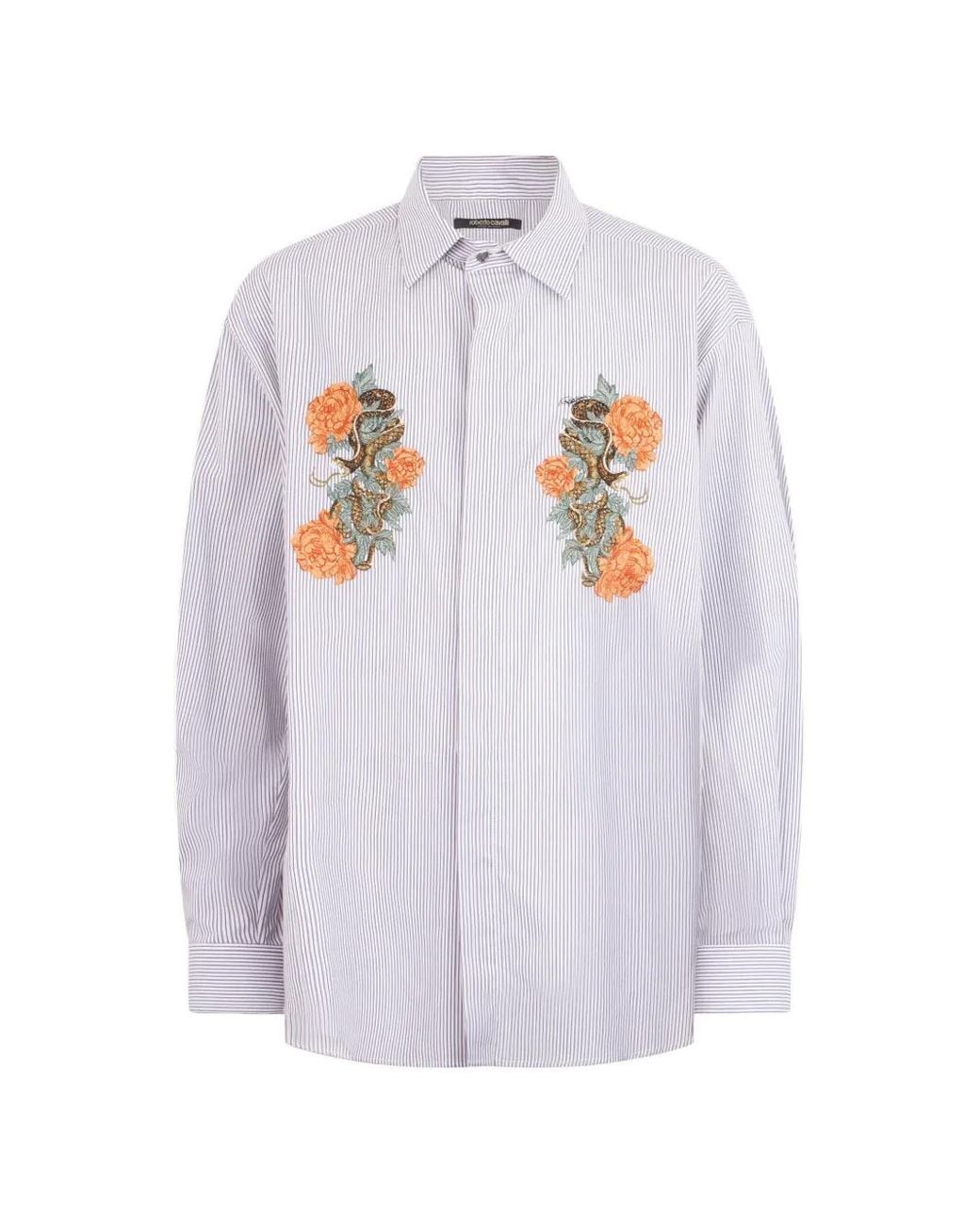 Roberto Cavalli White Embroidered-Detail Stripe Shirt for men