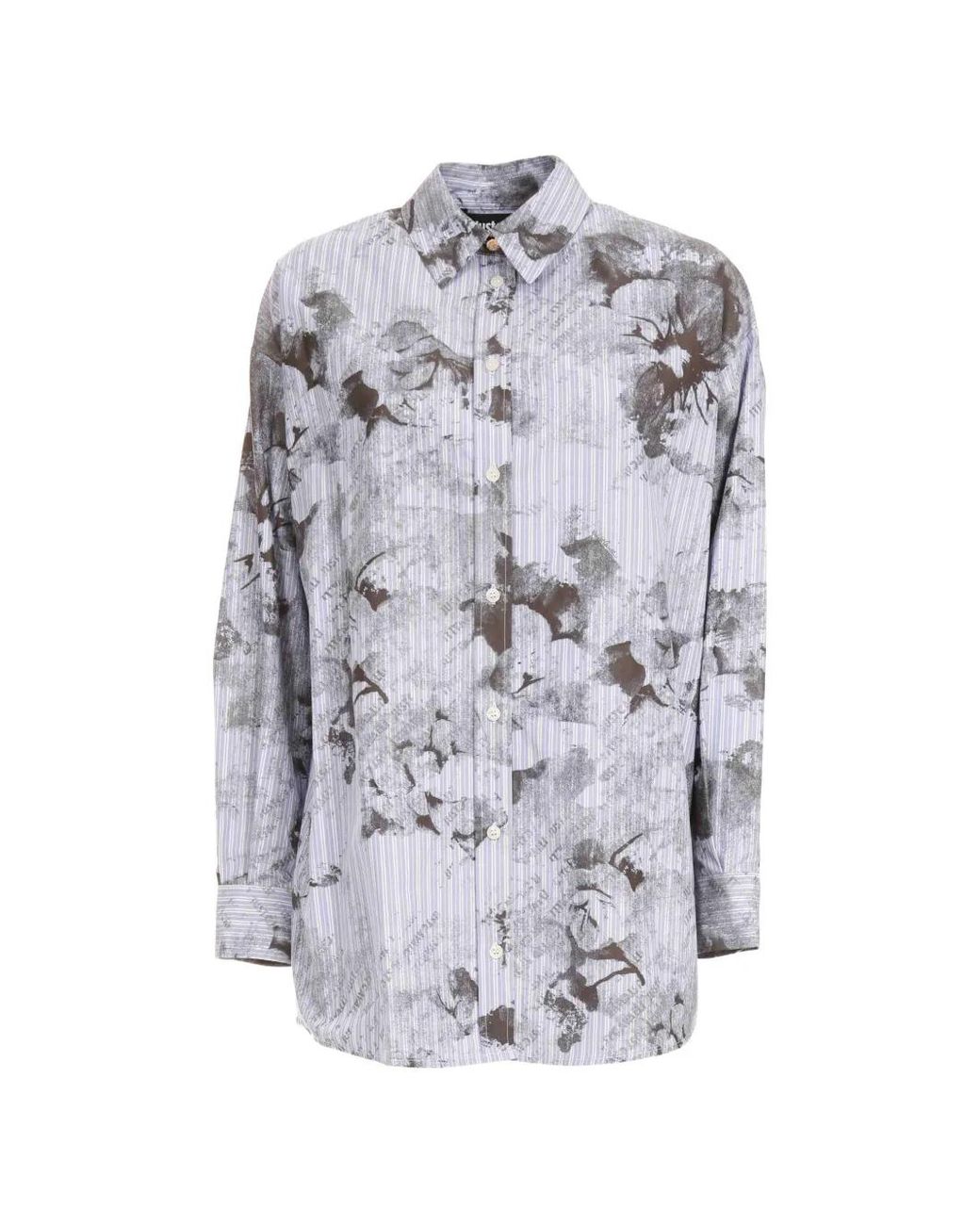 Just Cavalli Gray Floral-Print Striped Shirt