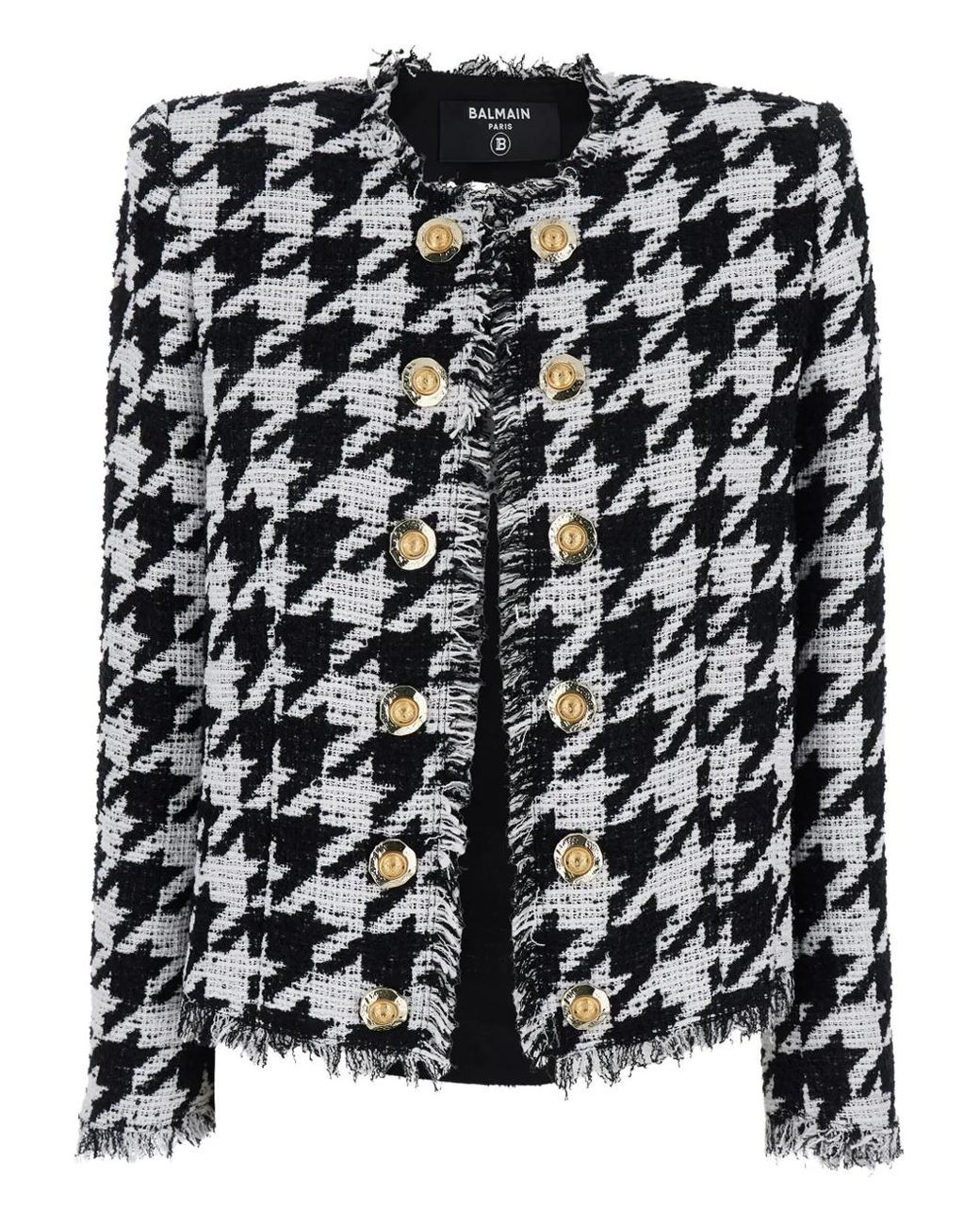 Balmain Black Houndstooth Fringe Trim Tweed Jacket