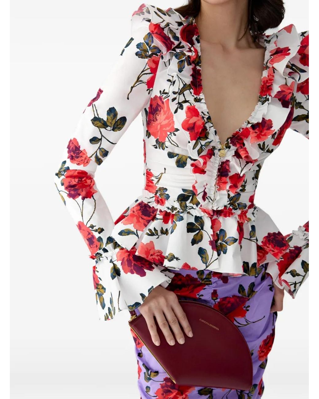 Carolina Herrera Red Rose-Print Ruched Ruffle Top