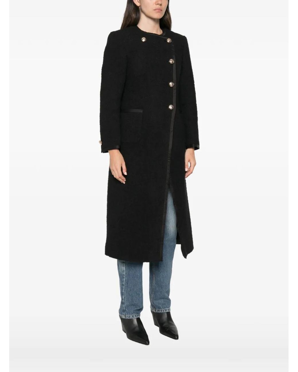 Sandro Black Button-Up Round-Collar Coat